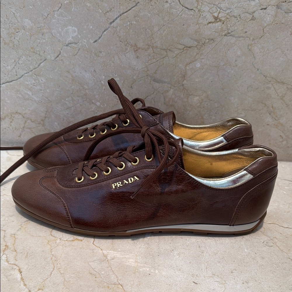 Prada Brown Leather Flats with Minimalist Design